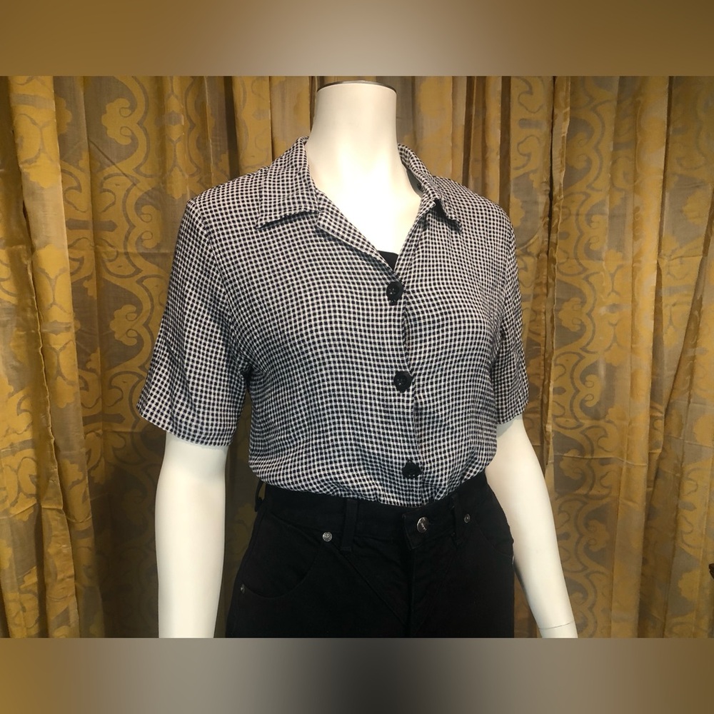 Vintage Gloria Lance Black & White Gingham Button-Down Short Sleeve Shirt